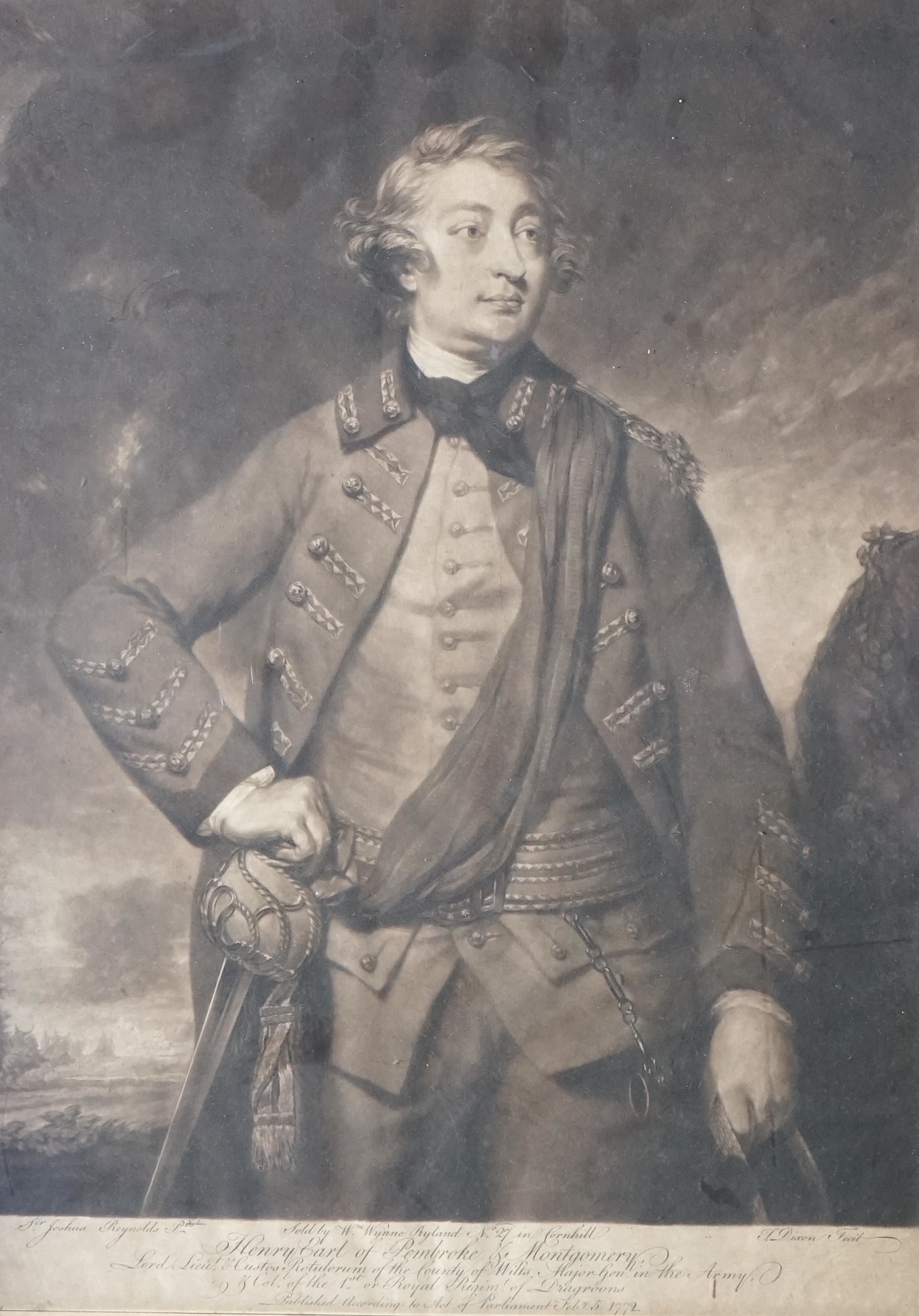 Dixon after Sir Joshua Reynolds Henry Earl of Pembroke & Montgomery 1772, mezzotint 46 x 33cm, and Kyte after Aikman, mezzotint, Mr Gay, author of The Beggar's Opera, 35 x 26cm. Condition - both with some fairly even dis